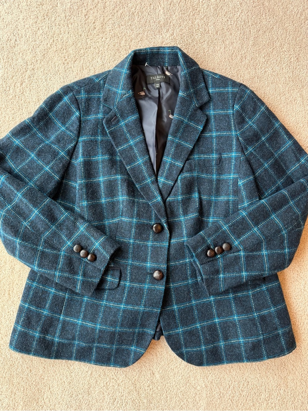 Talbots Wool-Blend Blazer Teal and Navy Plaid Mallard Duck Print Lining